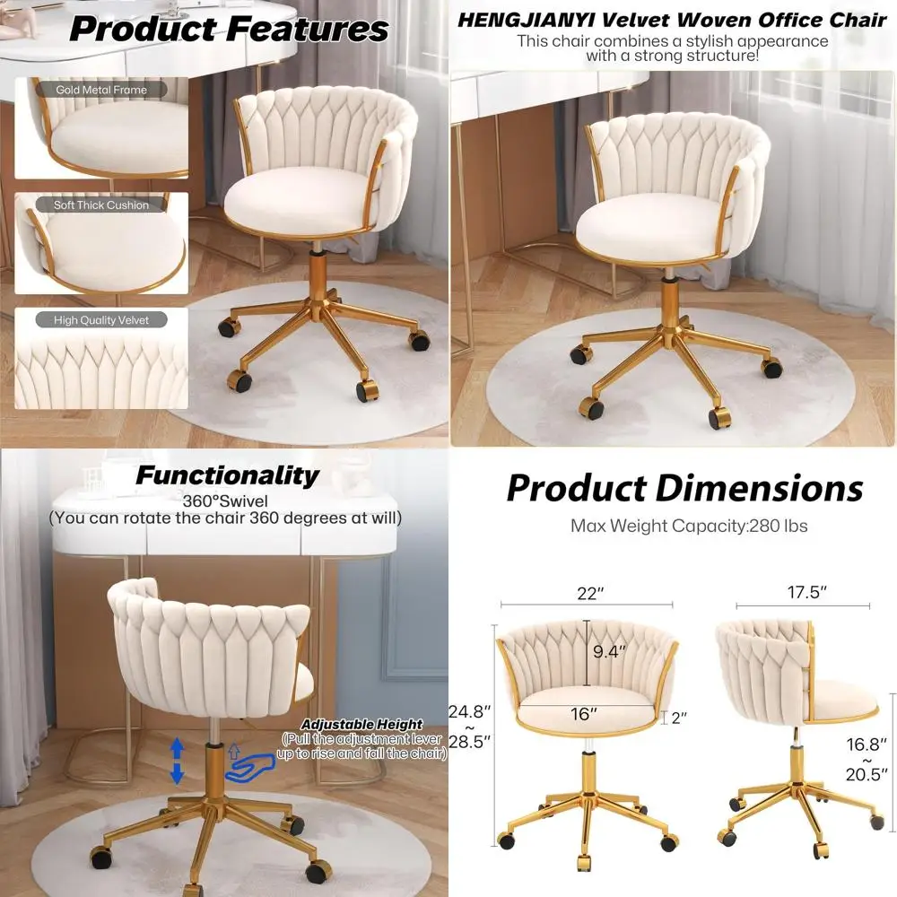 

Contemporary Swivel Office Chair on Wheels, Adjustable Height Vanity Seat with Gold Base and Woven Back, Beige