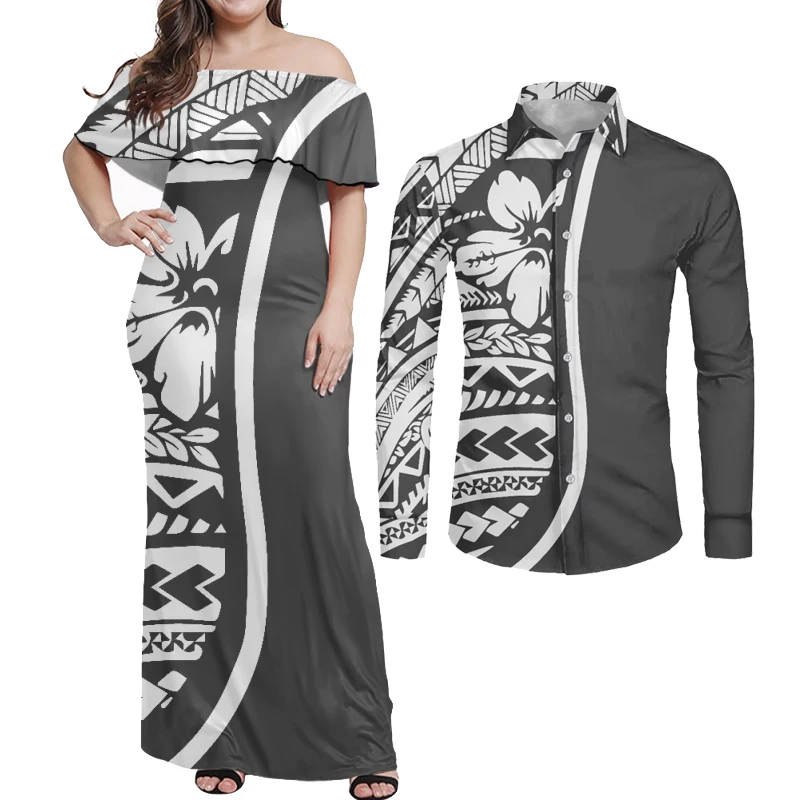 HYCOOL Wholesale Customize Tonga Puletasi Polynesian Design Top and Long Skirt Dress Off Shoulder Dresse Match Mens Shirts 2023