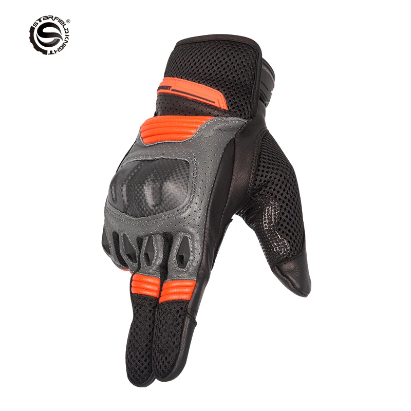 SFK Orange Motorcycle Gloves Genuine Leather Breathable Carbon Fiber Knuckle Protection Touch Screen Motorbike Outdoor Riding