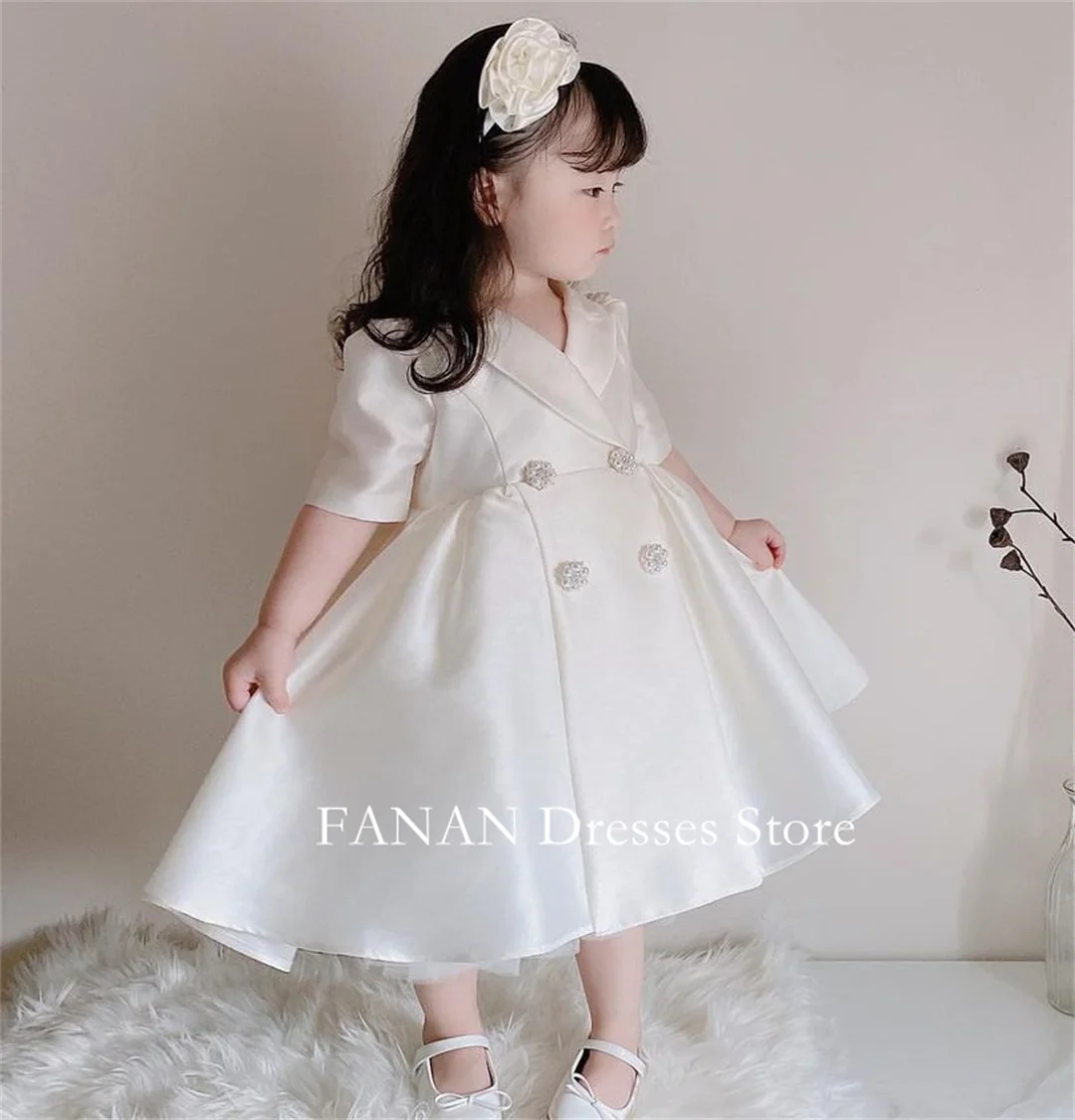 

FANAN Flower Girl Dresses White Elegant Princess Korea Satin V-Neck Ball Gown For Kids Birthday Party First Communion Dress