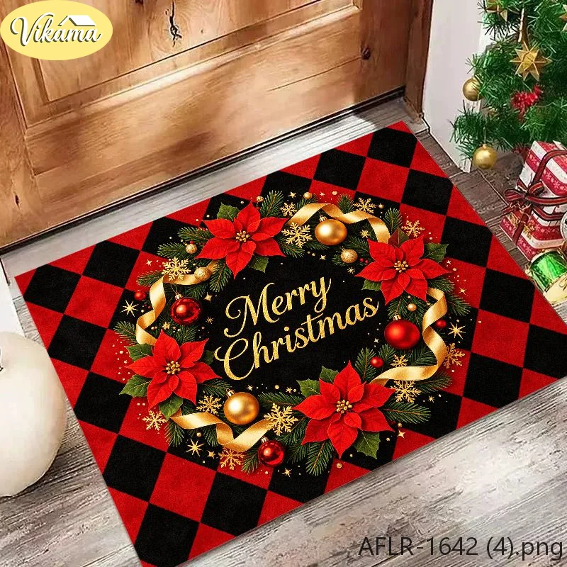VIKAMA Red and Black Buffalo Check “Merry Christmas” Rug, Non-Slip Entryway Mat, American Country-Style Christmas Home Decor