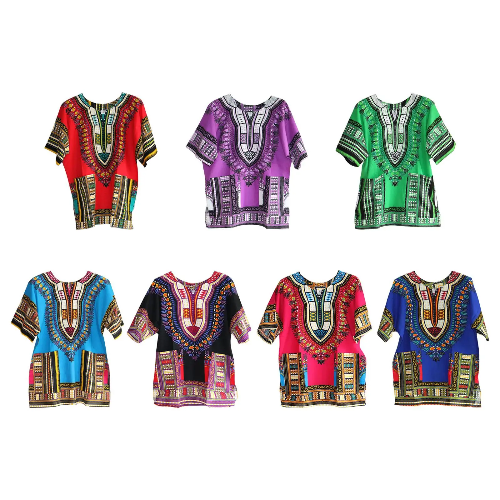 African Traditional Dashiki T Shirt Floral Geometric Print Cotton Blend Loose Fit Unisex Clothing for Men Women Casual Summer view 4
