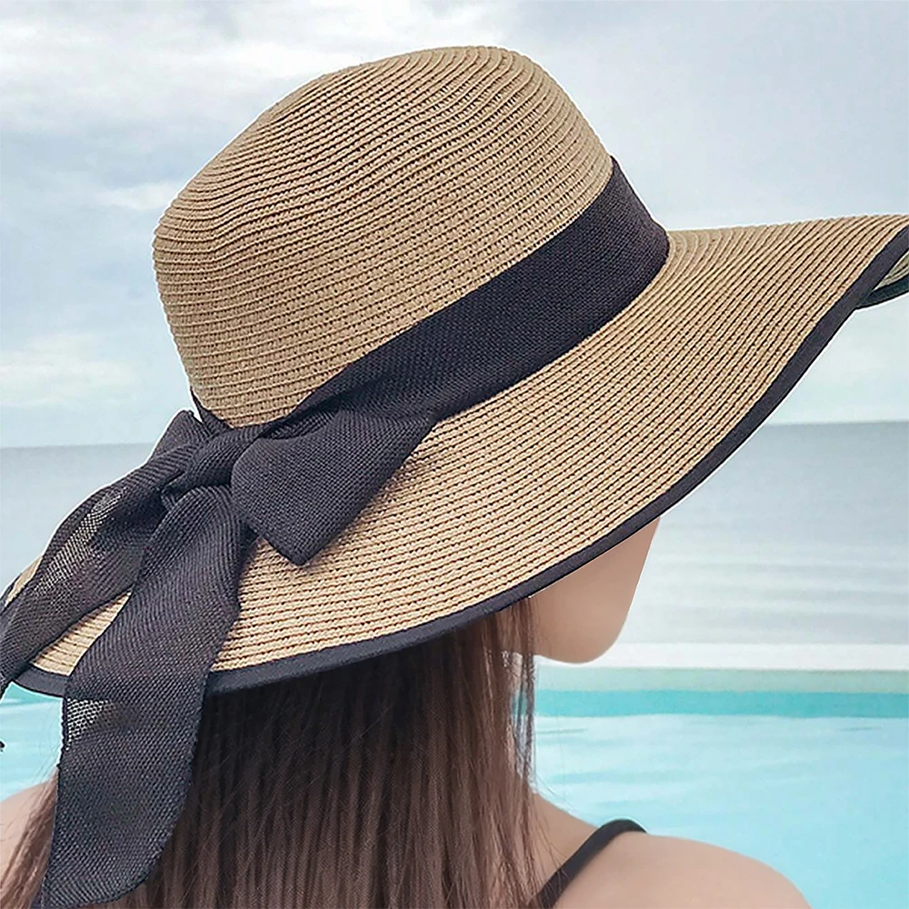 Beach Straw Hat For Women Summer Seaside Vacation Oversized Brim Wweet Bow Lace Edge Sun Protection Hat Foldable