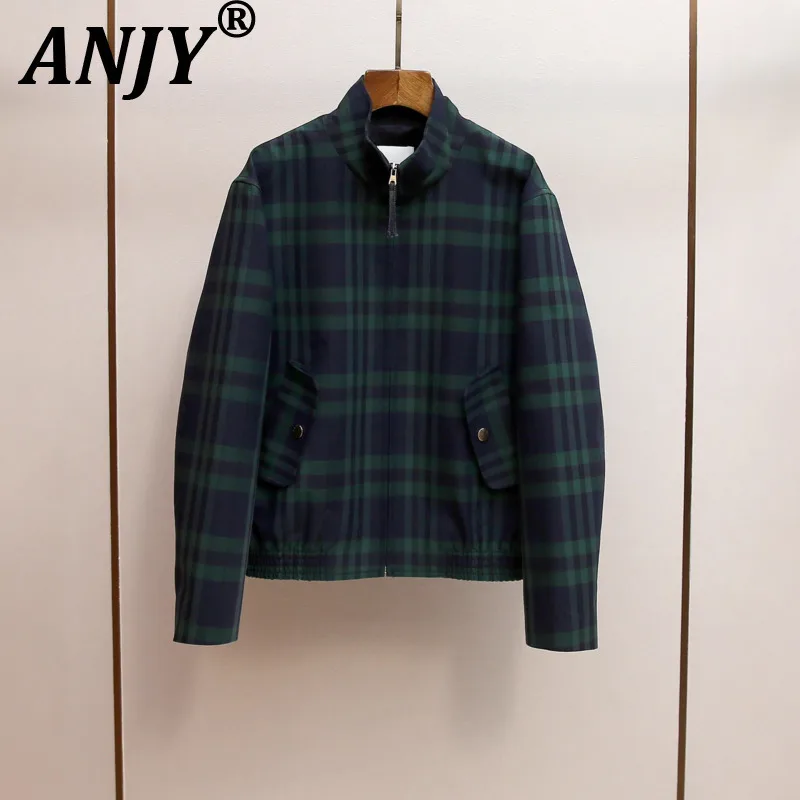

ANJY Autumn Winter New Women French Casual Elegant Blue Green Striped Plaid High-End Jacket Ins Zipper Versatile Cardigan A15251