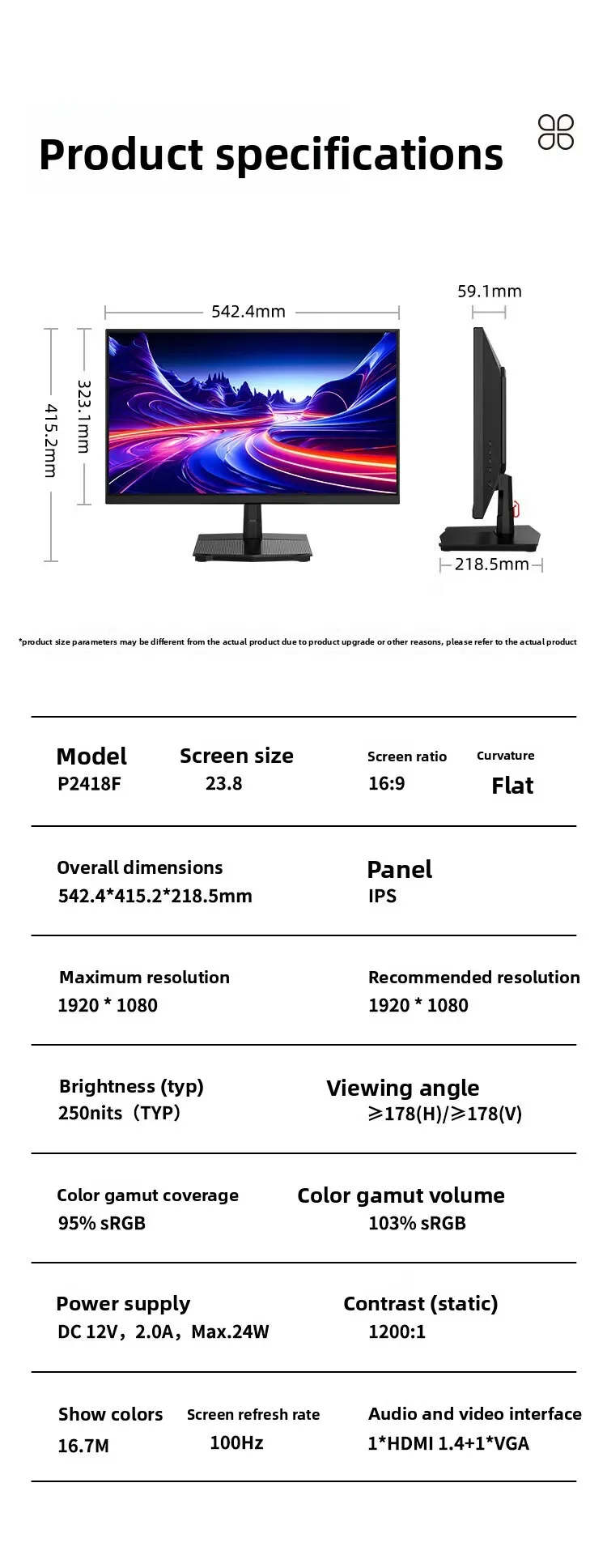 P2418F Computermonitor, 100 Hz, hohe Bürste, IPS, breiter Farbraum, Augenschutz und Anti-Büro-LCD-Bildschirm