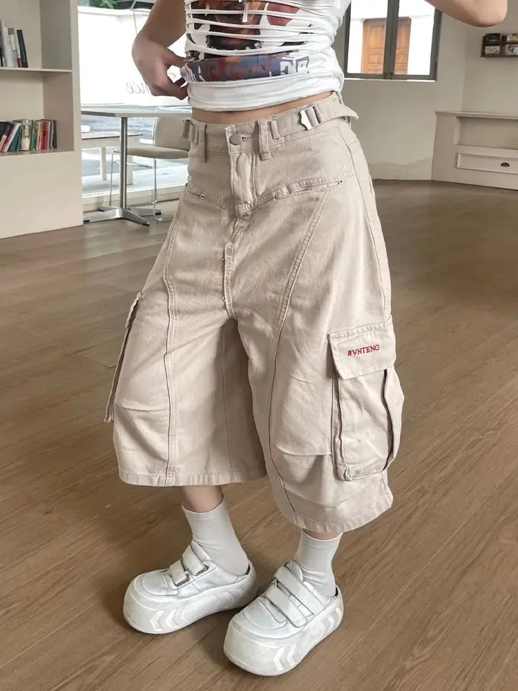Retro Design Multi-pocket Overalls Summer New Street Spice Loose Cargo Cropped Pants Women