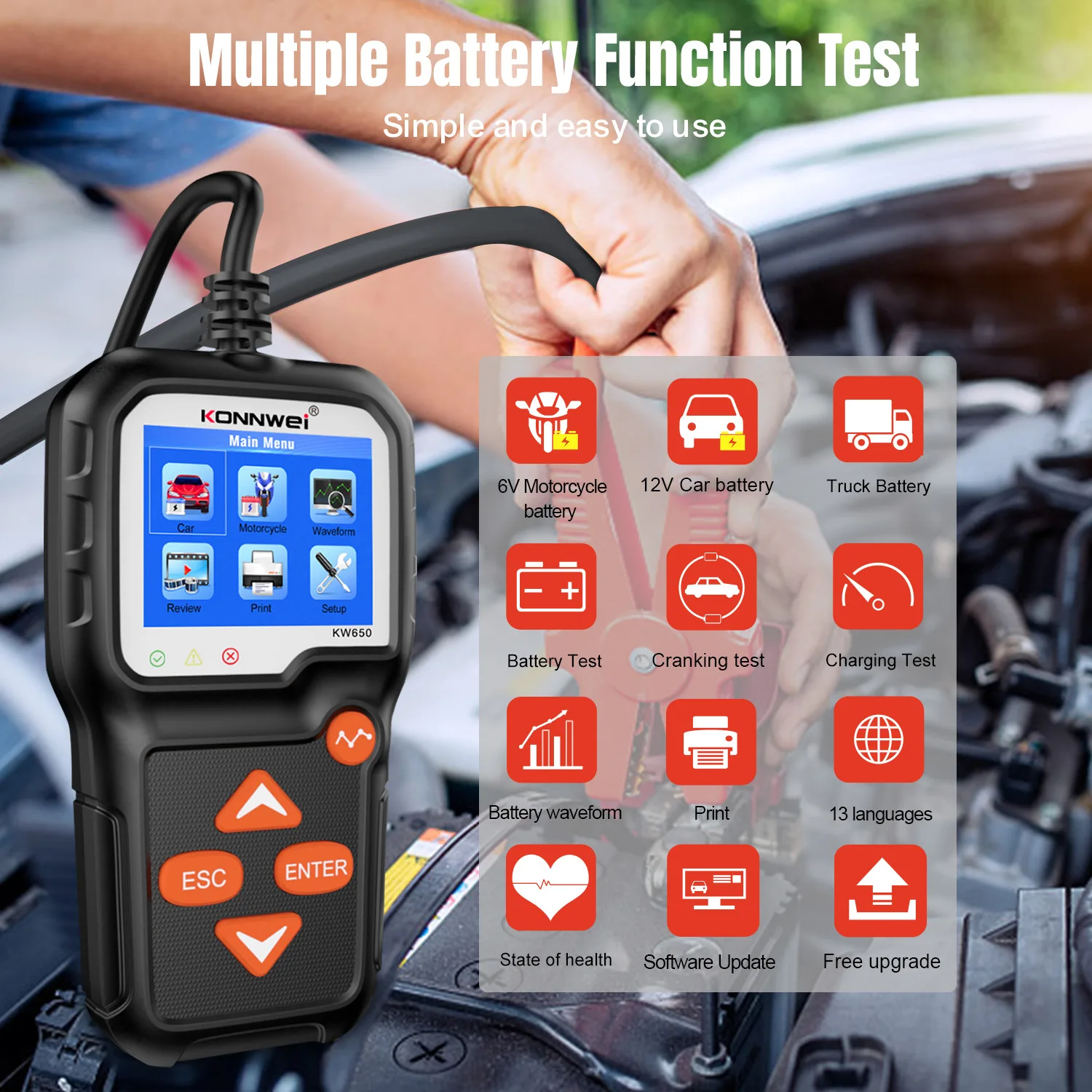 KONNWEI KW650 Car Battery Tester 12V 6V Battery System Analyzer Moto Circuit Voltage Tester 100-2000CCA Charging Test Tools