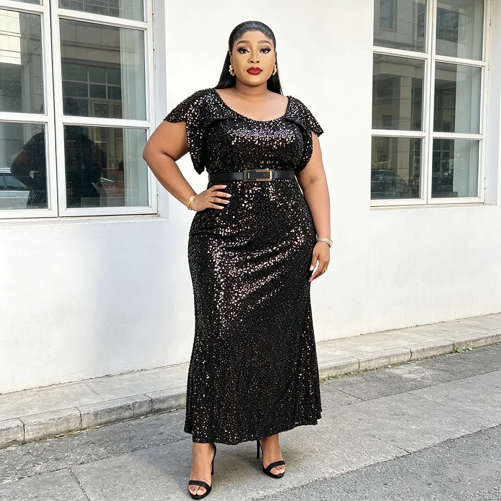 

Plus Size African Evening Dresses for Women Bodycon Wedding Party Gown Sequin Glitter Ankara Dashiki Africa Clothing Vestidos