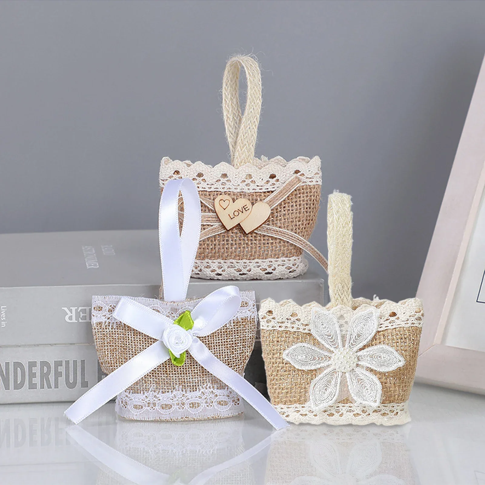 

12pcs Linen Candy Bags with Lace and Ribbon, Compact Romantic Wedding Party Favor Pouches, for Treats and Decor