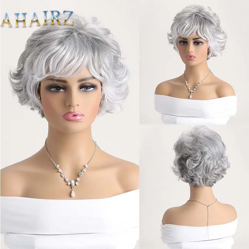 Synthetic Silver Grey Wavy Wigs for Women Short Curly Wig With Bangs Hair Wigs Daily Use Cosplay Fake Hair