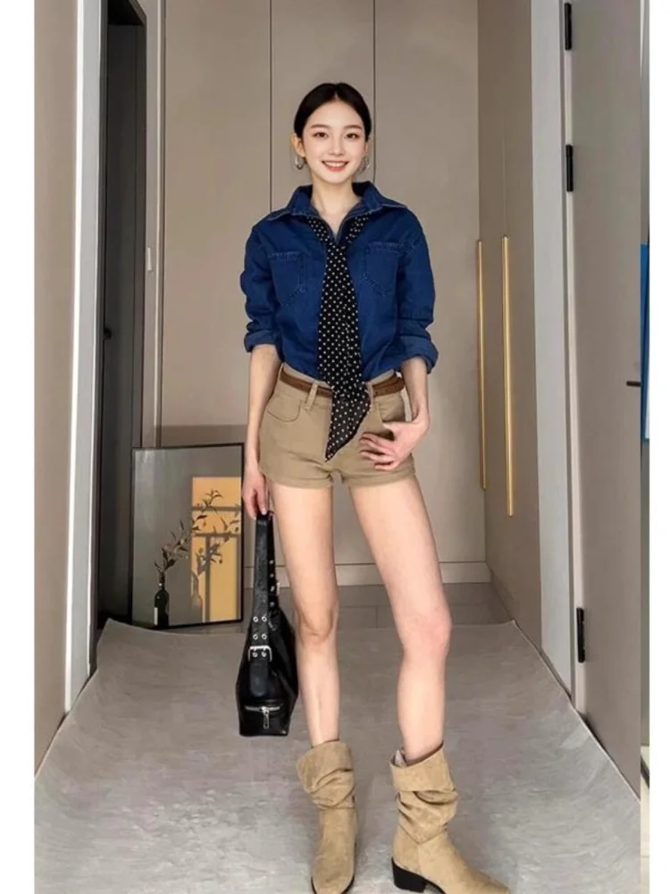 

Y2K Spicy Girl Khaki Denim Shorts Women's Summer 2025 New Retro Elastic Slim High Waist Bodycon Hot Pants High Waist Shorts