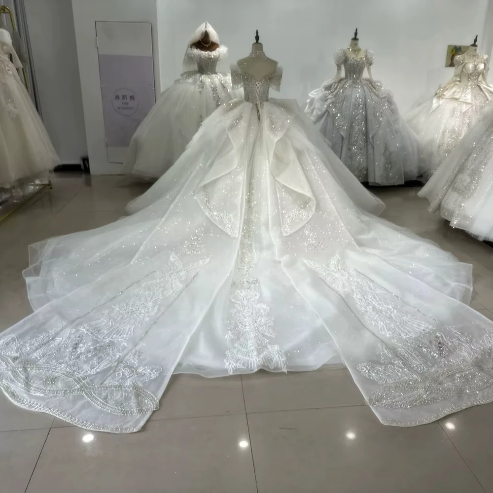 Vestidos Novias Boda Sweetheart fuera del hombro con cordones en la espalda vestido de Novia rebordear lentejuelas bordado vestido de fiesta vestido de Novia