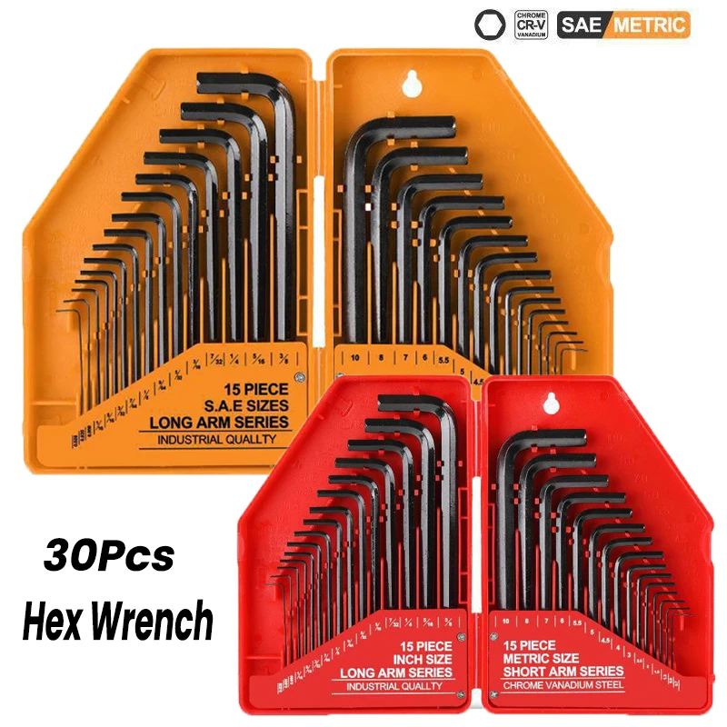 30Pcs Hex Key Allen Wrench Set Imperial and Metric Systemsr  Chromium-vanadium Steel Long Arm Hand Tools Set for Car Bike Repair