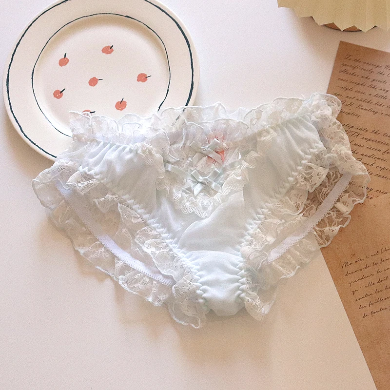 Kawaii Lingerie Lace Underwear Women Girls Blue Pink Panties Briefs Japanese Sexy Cute Thongs Lolita Panty Ruffles Mid-rise New