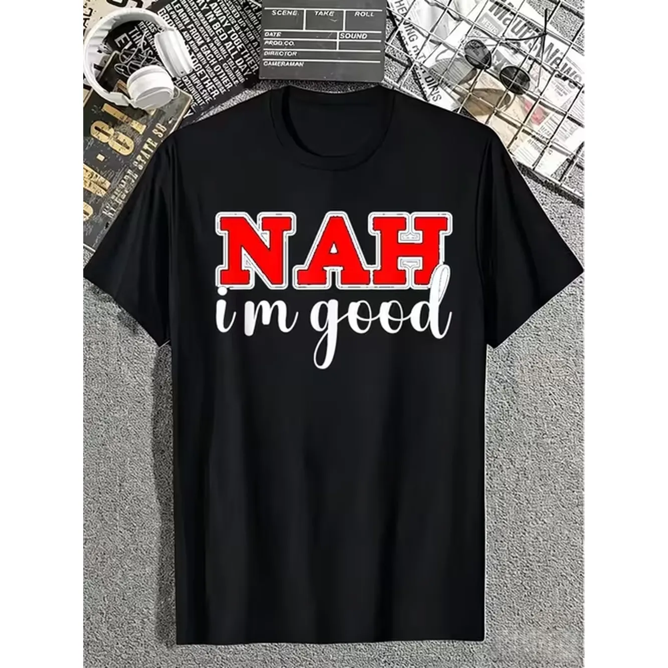 item picture mens t shirt nah im good letter print soft breathable blend crew neck tee for daily wear and relaxing