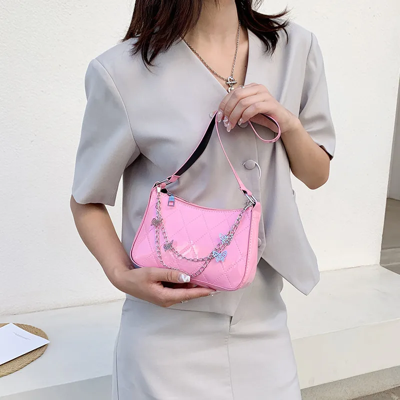 Fashion Women PU Leather Small Shoulder Underarm Bag Ladies Vintage Butterfly Chain Pure Color Zipper Mini Purse Handbag