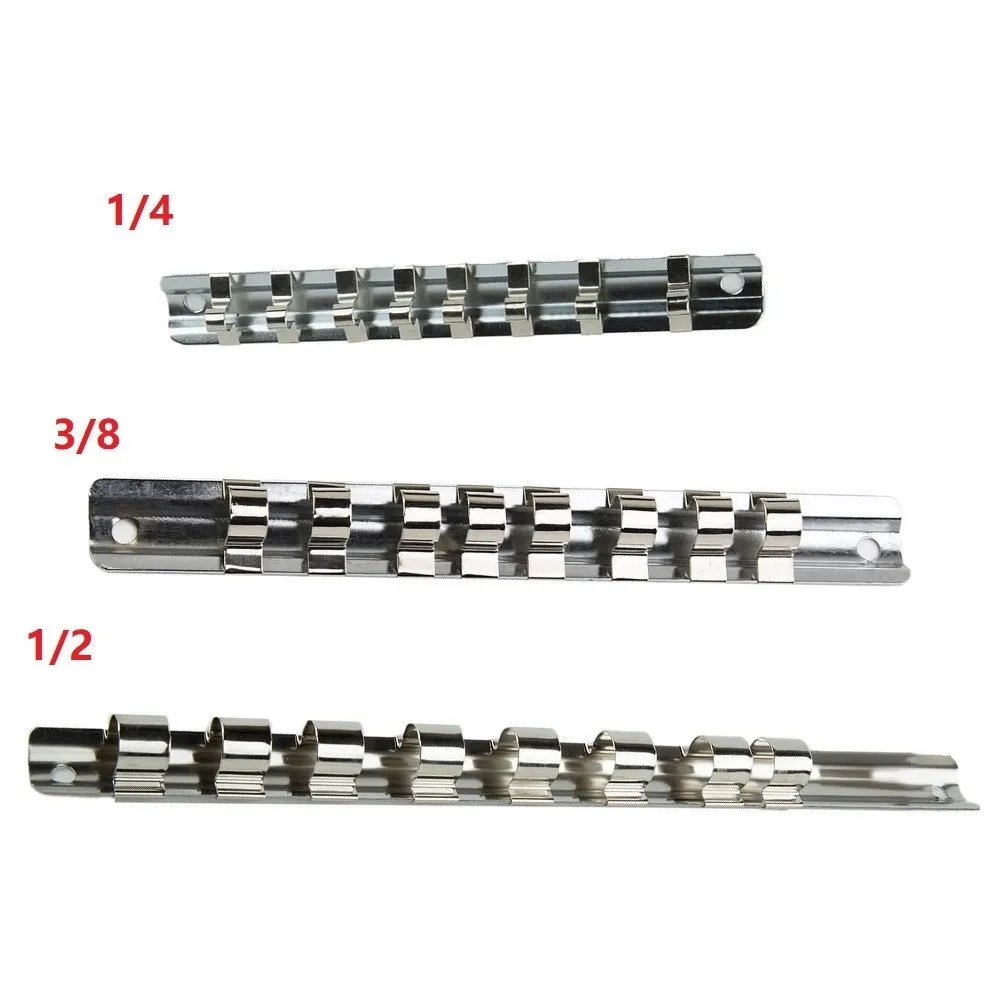 1pc suporte de rack de soquete de ferro 1/4 3/8 1/2 polegada com 8 clipes ferramenta organizador armazenamento unidade soquete trilhos para armazenar ferramenta de soquete solto