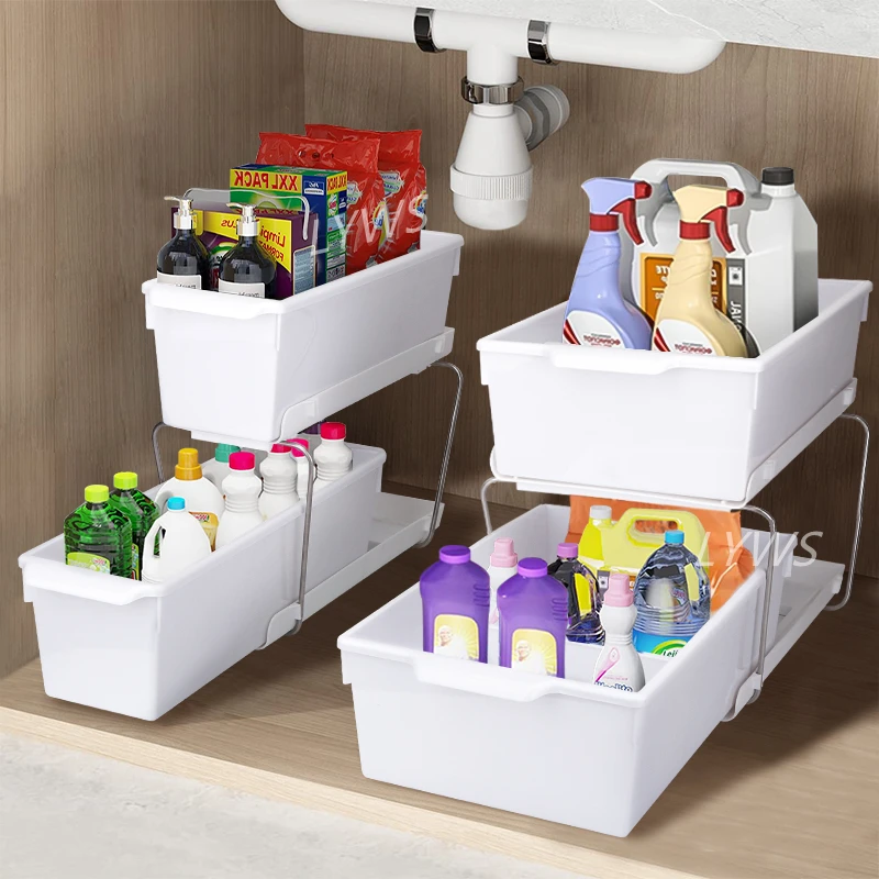 

Under Sink Organizer 2-Tier Sliding Double Drawer Bathroom Accessories Makeup Organizer Cabinet Basket Drawer Bathroom Organizer