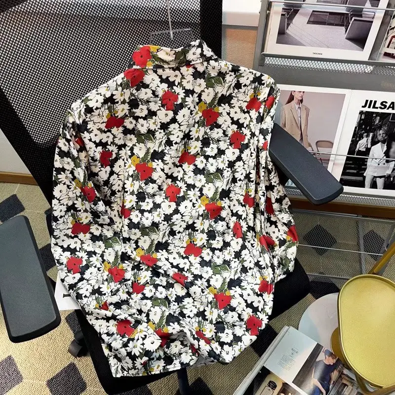 EBAIHUI Retro Printed Shirt High Street Fashion Fragmented Flower Men's Long Sleeved Blouse SpringOversized Style Cardigan Top