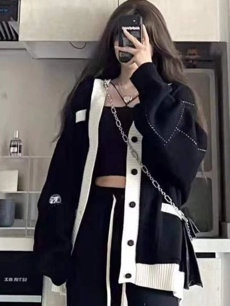 Harajuku Patchwork Simple Cardigan Women Loose V-neck Pocket Streetwear Knitted Female Cardigans Coat Y2k Aesthetic 2024 Autumn