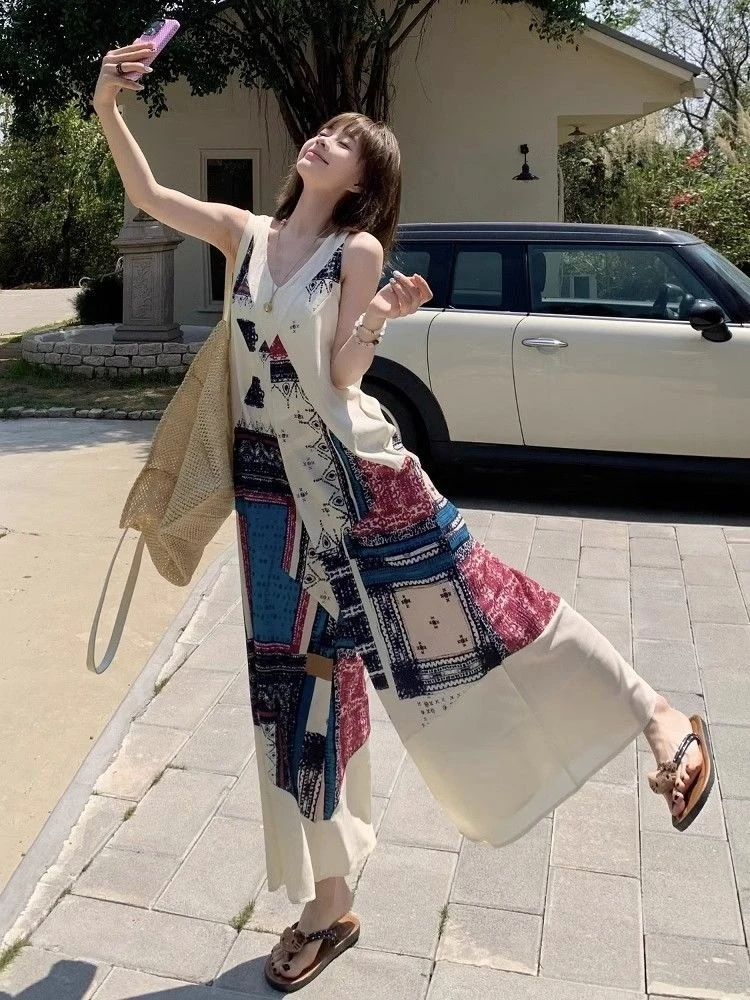 

Women Summer Jumpsuit Island Style Wide Leg Sleeveless Romper V Neck Vintage Print Overall Casual Boho Beach Playsuit​