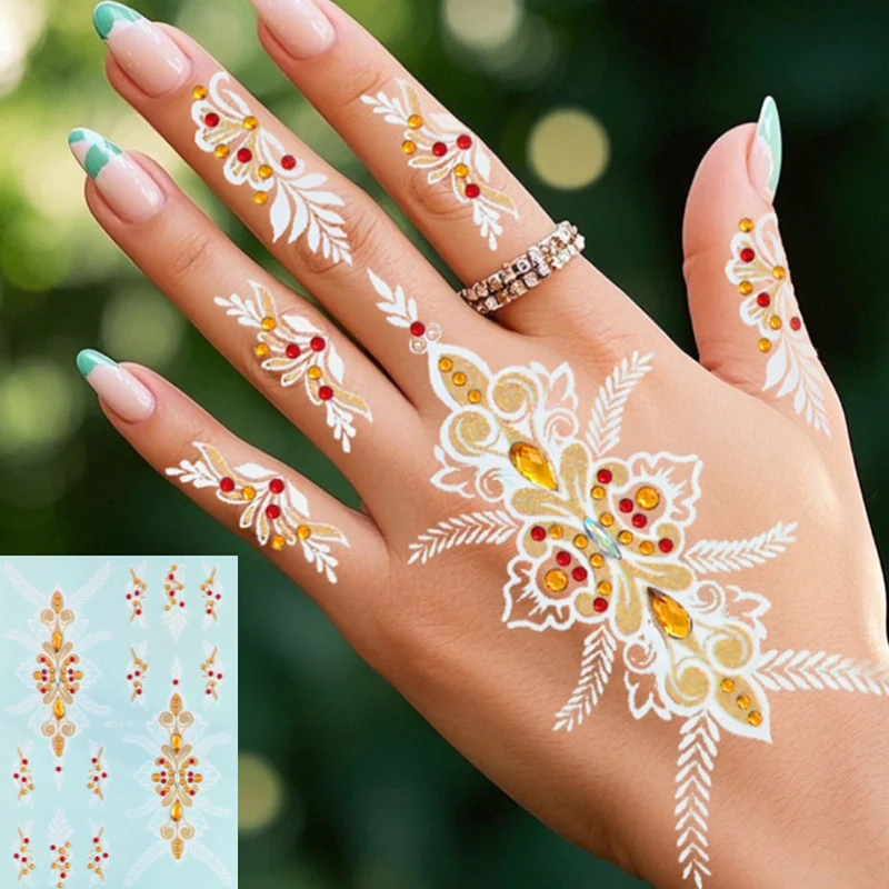 

Наклейки-татуировки Haina с цветными бриллиантами, белое золото, блестящие татуировки, наклейки, украшения, свадебная вечеринка, пальчиковая ручная поддельная татуировка