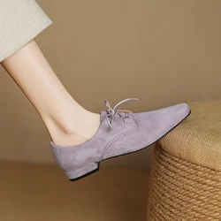 2025 New Hot Sale Low Heel Lace Up Genuine Leather Sheep Suede Pumps Women Daily Walk Flats Young Girls Casual Autumn Shoes