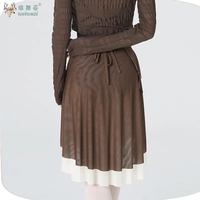 Woman Ballet Skirts Adult High Waist Lace-up Irregular Two Layers Dance Skirts Nylon Mesh Contrast Color Ballerina Training Wear