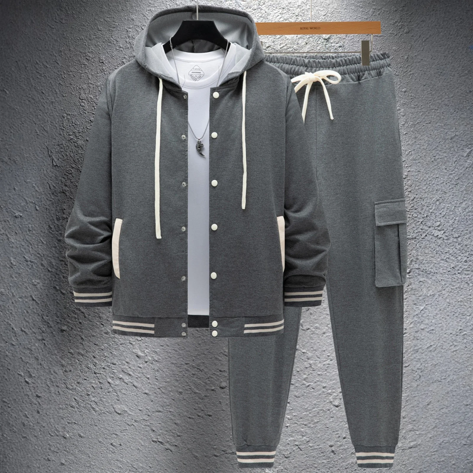 

Мужской спортивный костюм, осенне-зимняя бейсбольная куртка с капюшоном и пуговицами, комплект брюк-карго с длинными рукавами, спортивная уютная повседневная одежда