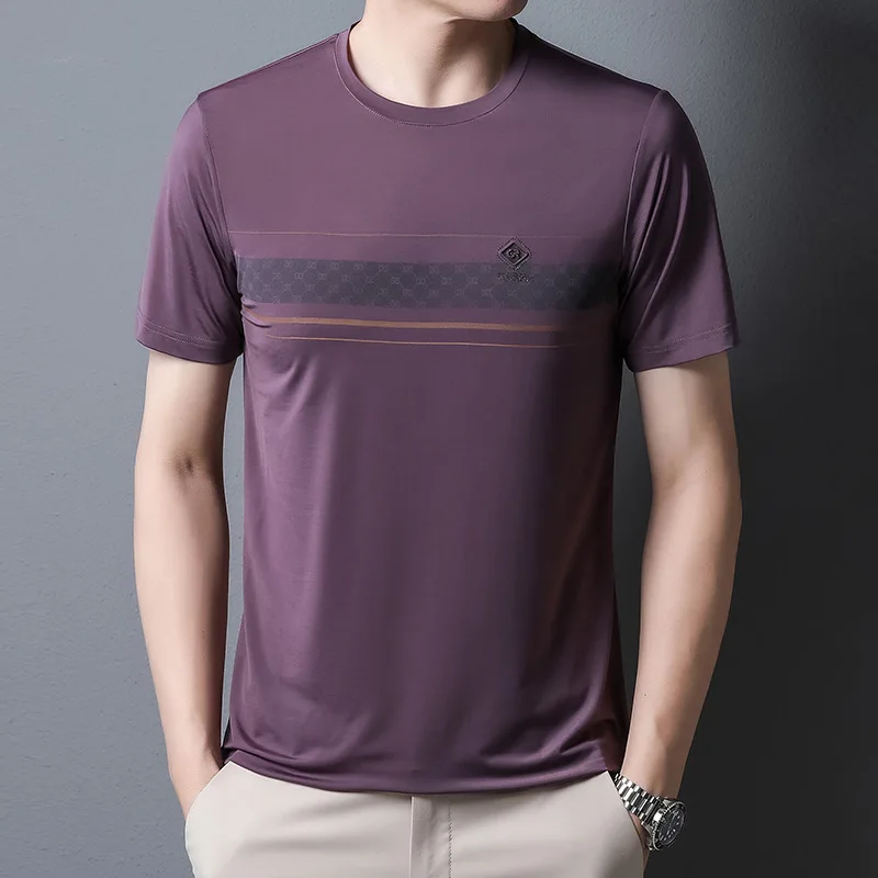 Casual Fashion Short Sleeve Polo-Neck Pullovers Tops Male Clothes Summer Round Neck Printed Spliced Solid Color T-shirt for Men