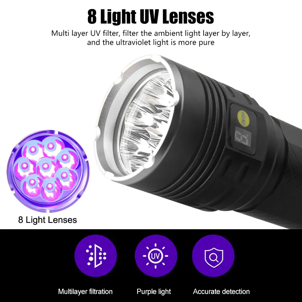 160W UV Flashlight 365nm/395nm Black Mirror Torch Super Bright UV Flashlight 8 core Violets Ultraviolet Torch For Pet Stains