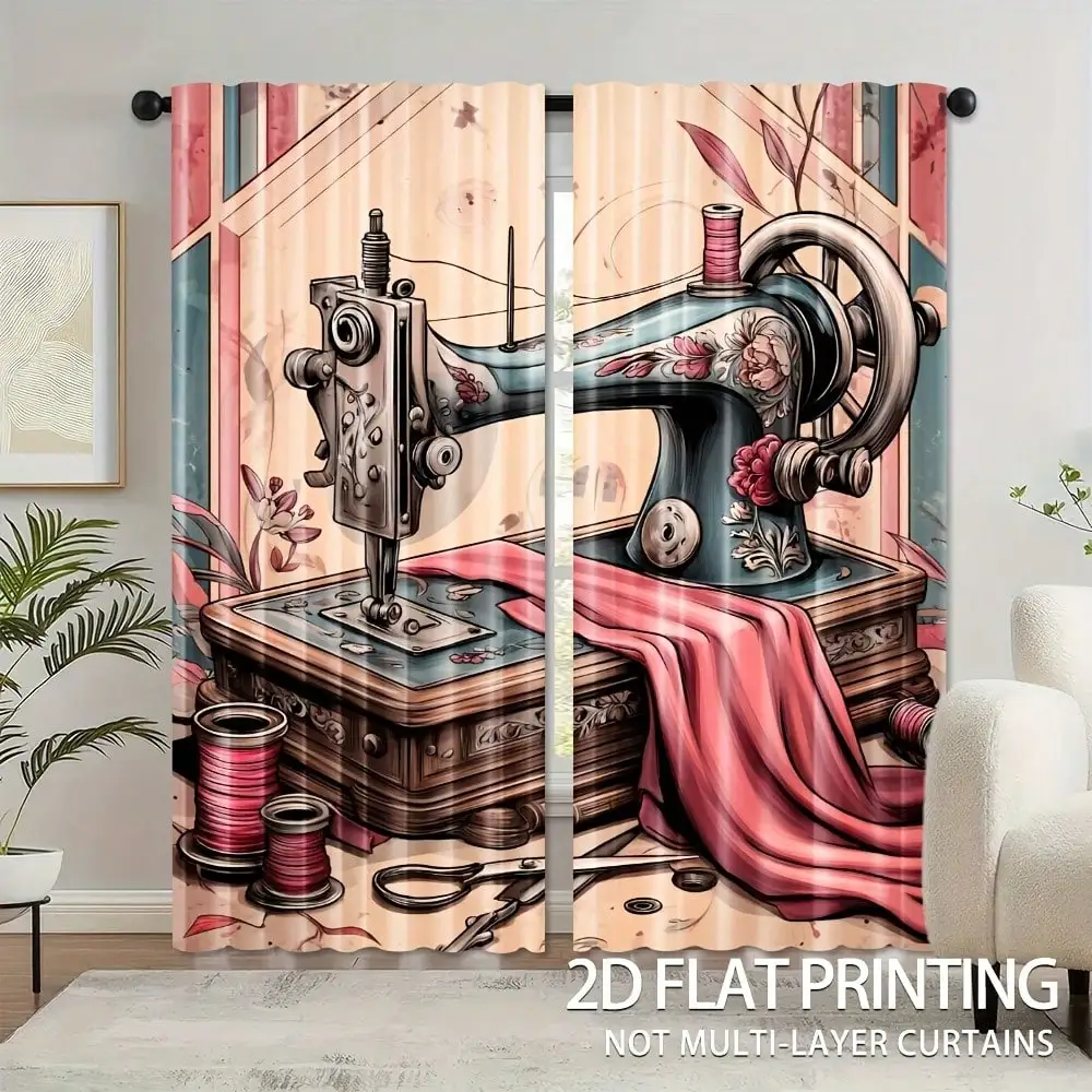 2pcs, Machine Washable Vintage Sewing Machine Art Print Curtains, Semi-Transparent Polyester, No-Lining Design For Bedroom