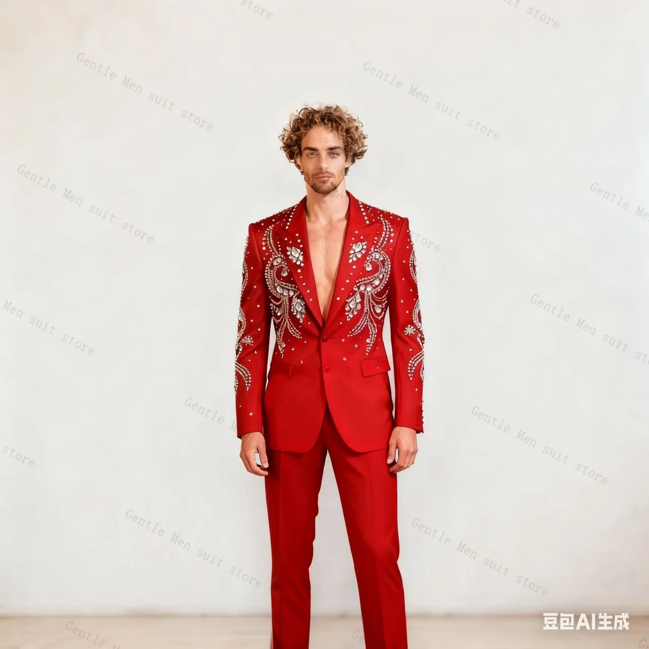 

Red Crystals Men Suit Set 2 Piece Blazer+Pants Trousers Cotton Wedding Tuxedos Formal Office Jacket Prom Coat Customized
