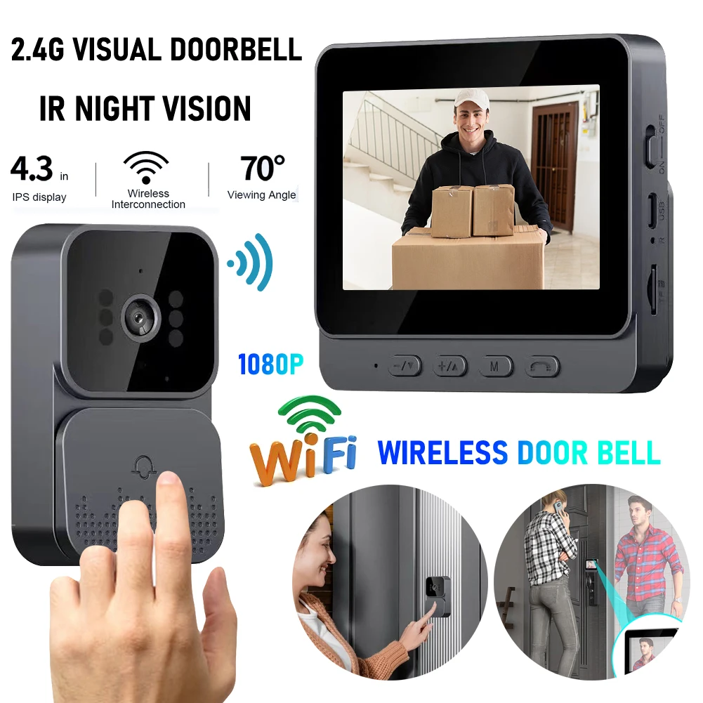 

Видеодомофон, 1080P, Wi-Fi, ИК-подсветка, экран 4,3 дюйма, 2 канала, 2,4 ГГц