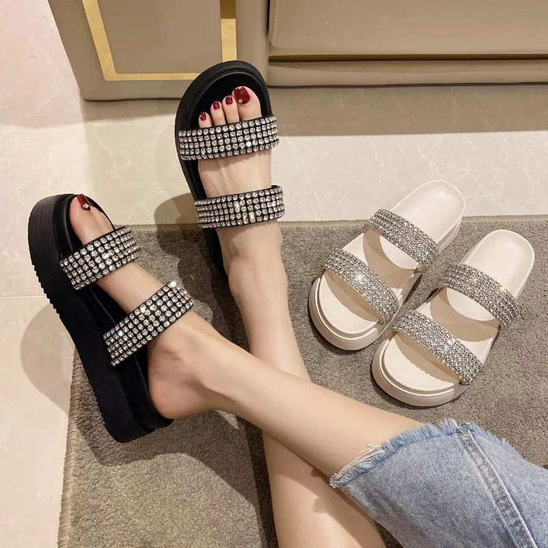 Luxury Crystal Women Slippers Shoes 2024 Summer Flip Flops Fashion Open Toe Beach Slingback Sandals Flats Outdoor Slides Femme