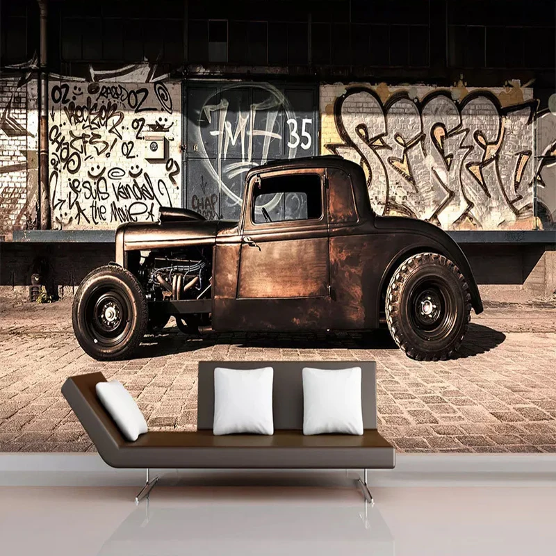 

Фотообои на заказ: 3D-фреска в стиле ретро-граффити с ностальгическим изображением старых автомобилей для ресторана, кафе, гостиной, спальни