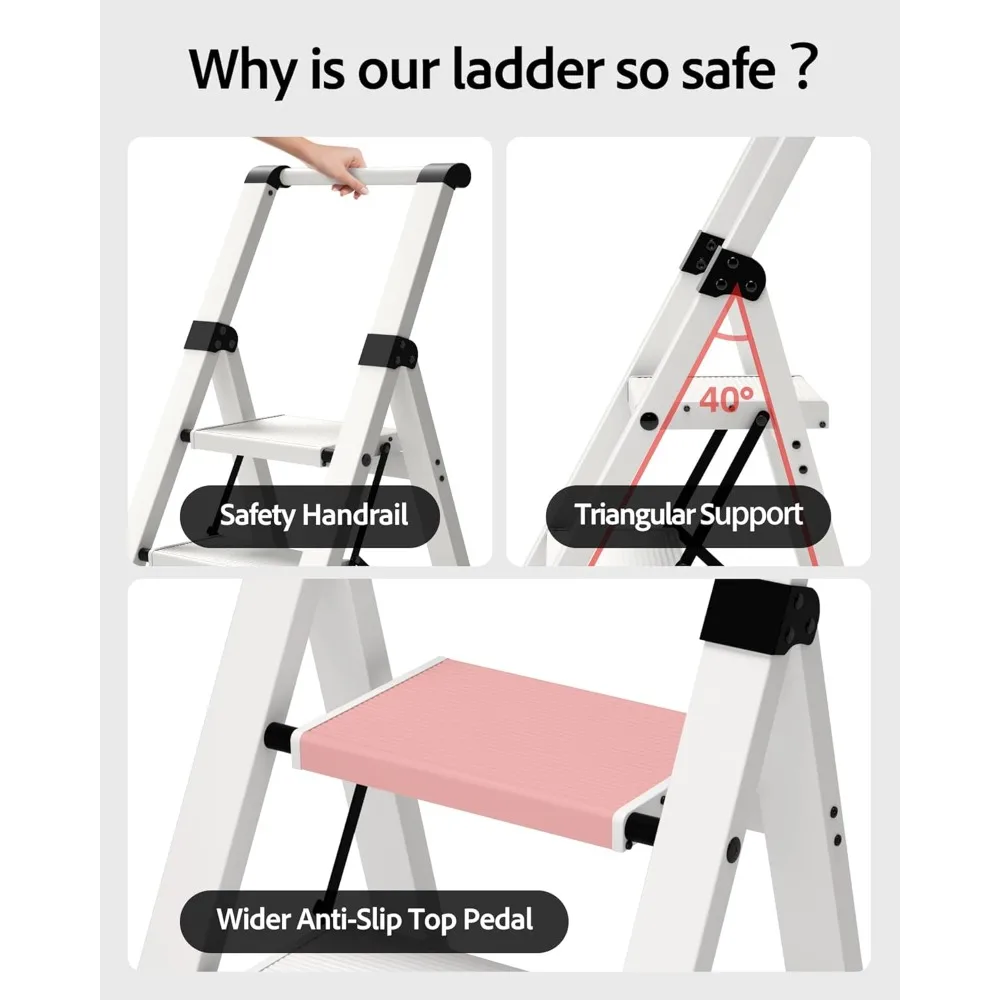 3-traps ladder, lichtgewicht aluminium opstapkruk met handige grip, vouwladder met antislippedalen, capaciteit van 330 lbs