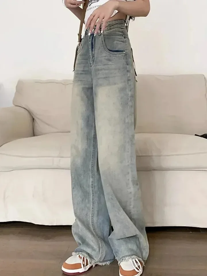 

Spring New Straight Narrow Version Jeans. American Retro Design Sense High-waisted Wide-leg Casual Floor-length Jeans for Women