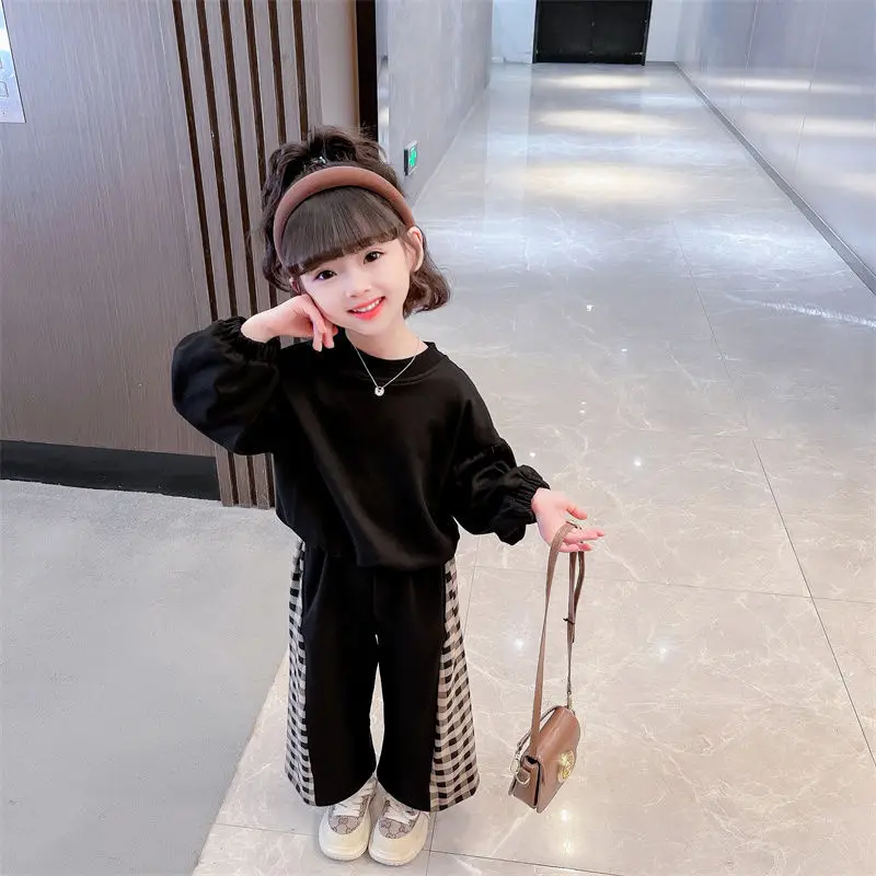 

2024 Spring Autumn Children Girls Clothes Set Cotton Patchwork Plaid Wide Leg Pants Suit Patched Bowknot Pullover Shirt Outfit