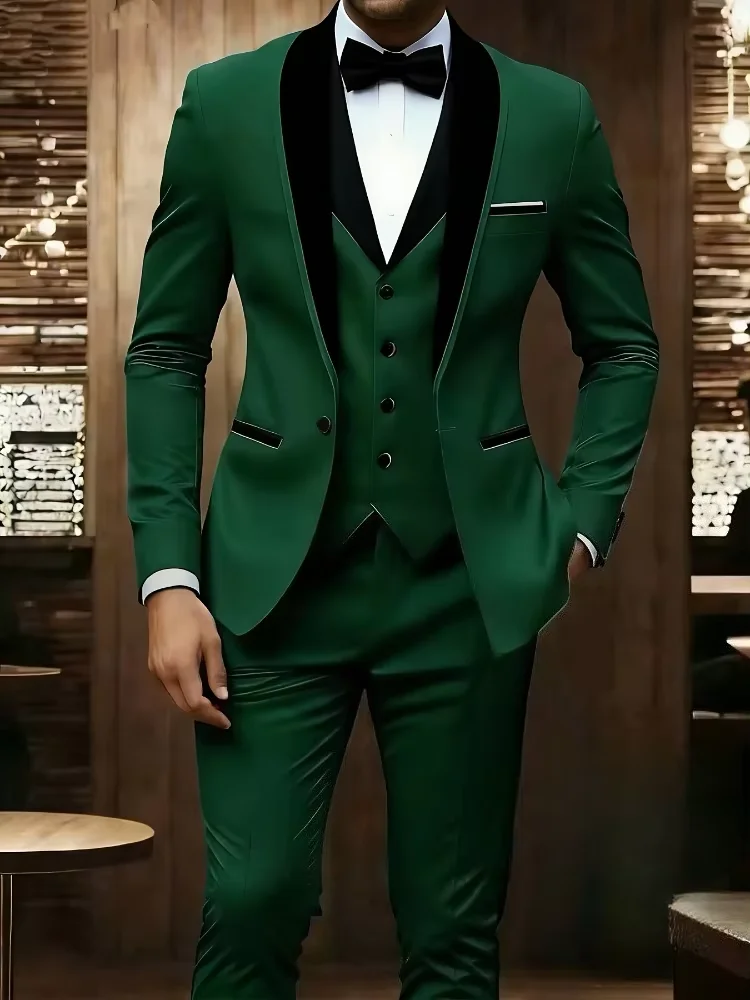 Elegant 3 Piece Color Blocked Men Suits Slim Fit Wedding Dress Shawl Lapel Jacket Vest Pants Groom Tuxedos for Dinner Party Prom