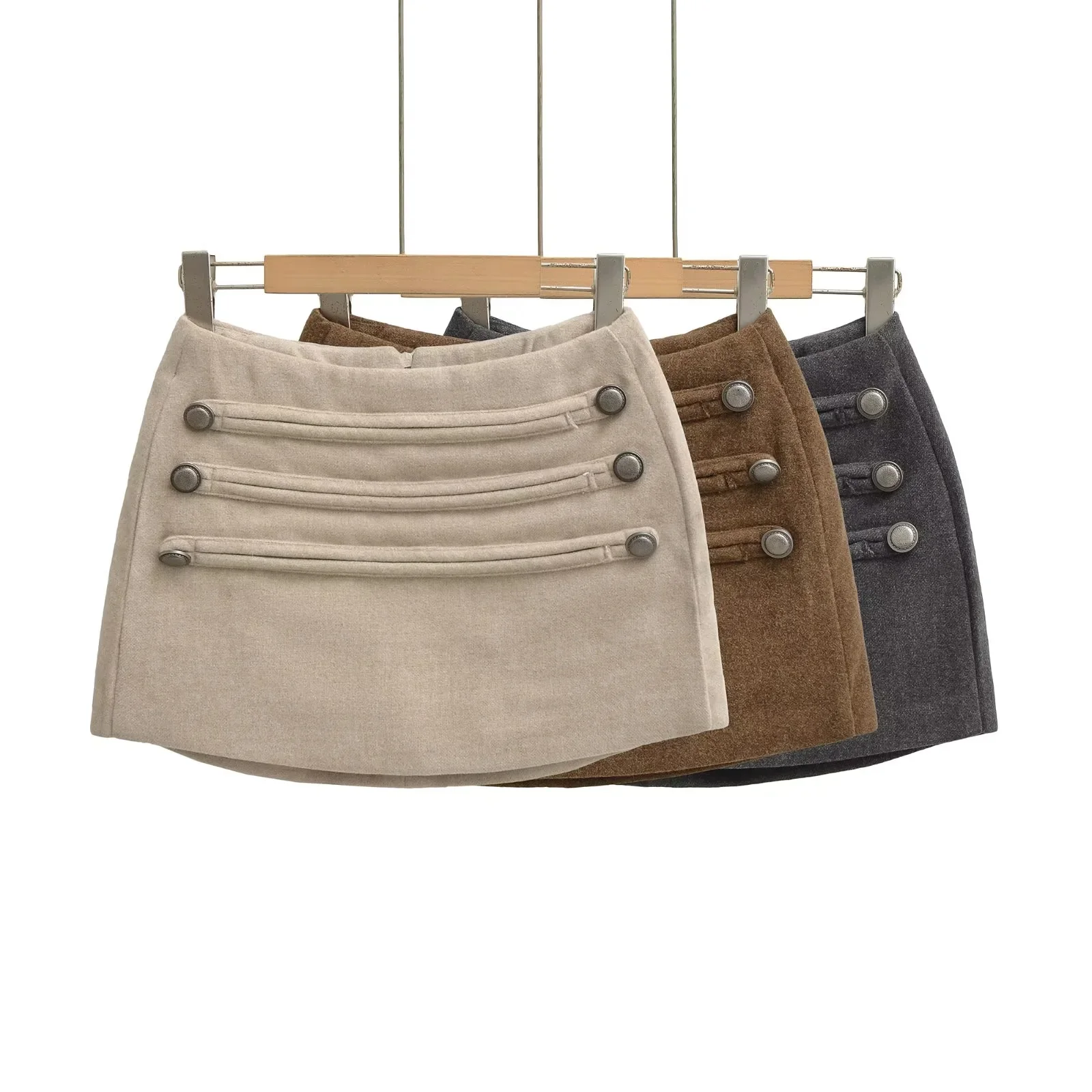 Pure Color Design Woolen  Skirt Women's Sexy Half-length Skirt with Metal Buckle Decoration Bodycon Short Skirt