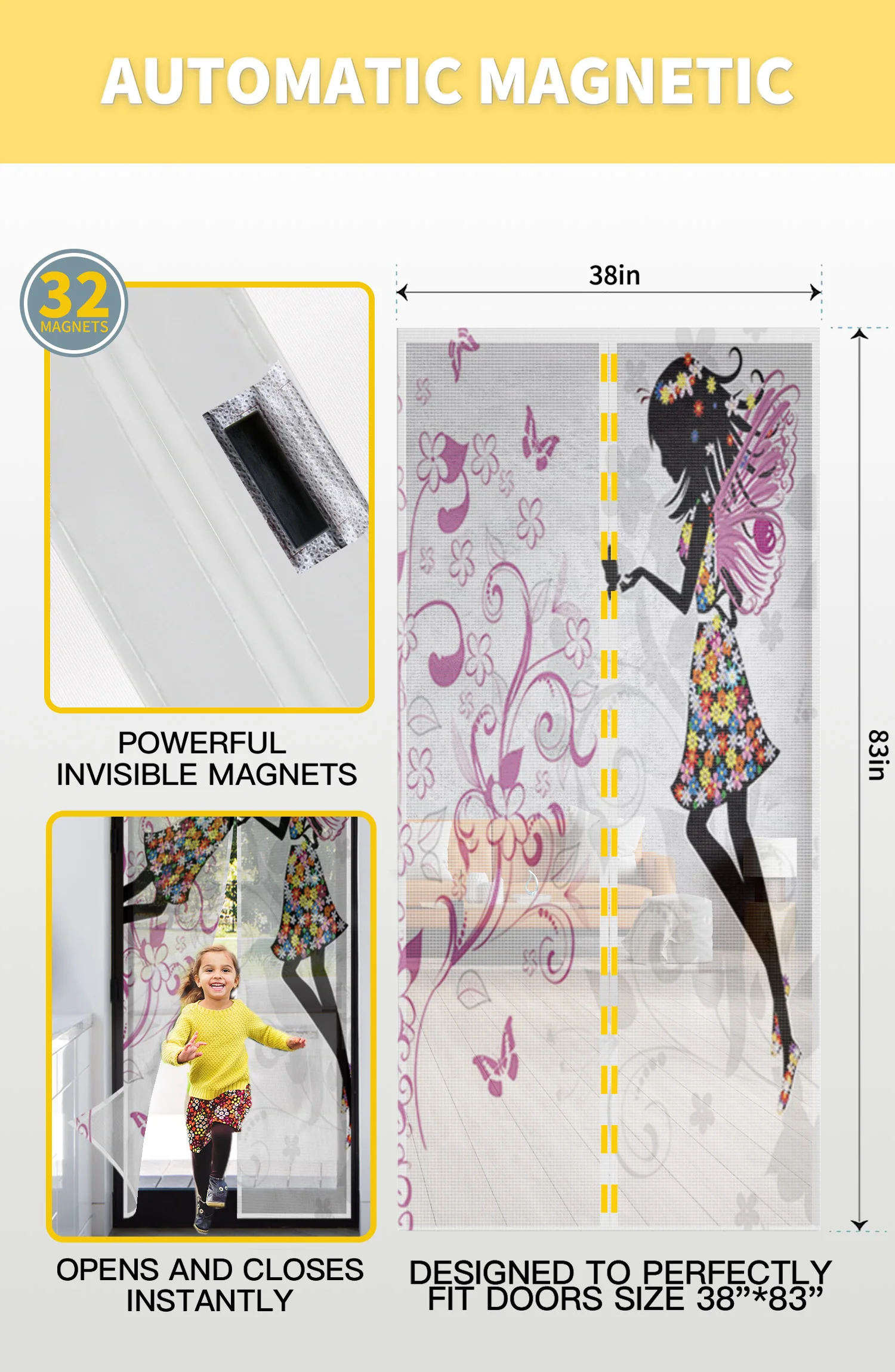 Forest Fairy Flower Butterfly Girl New Bedroom Door Curtain Magnetic Mosquito Screen Kitchen Door Voile Fabric Mosquito Net