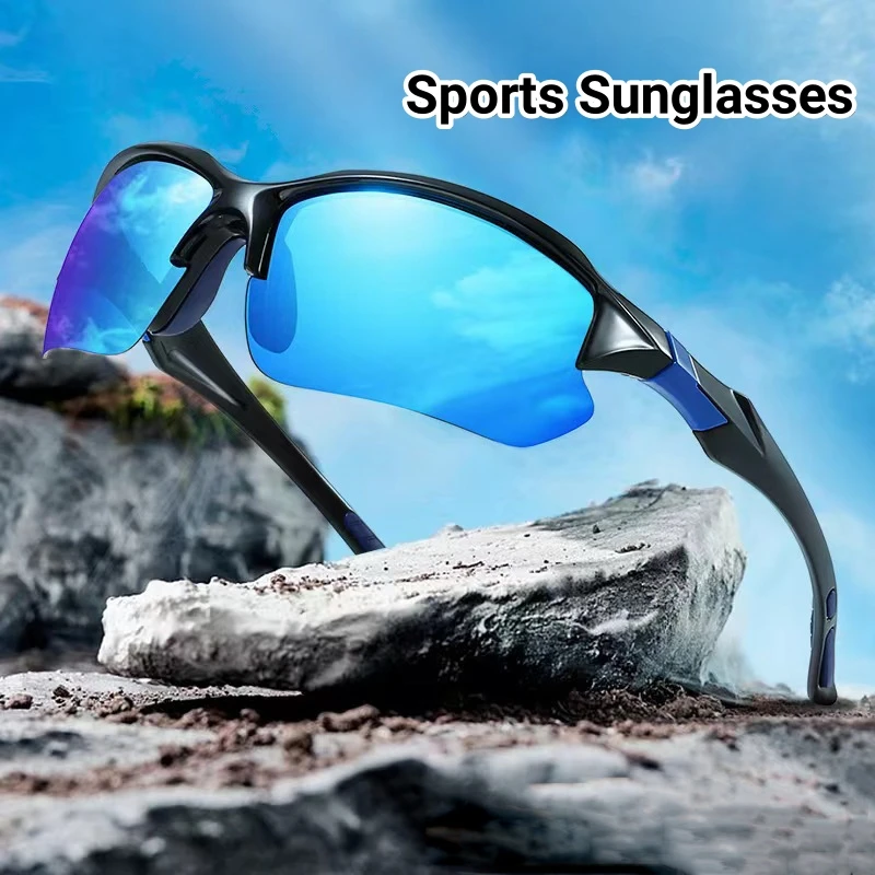 

Sports Half Frame Polarized Outdoor Sunglasses for Men Trendy Bicycle Riding Windproof Goggles UV Resistant Driving Sunglasses