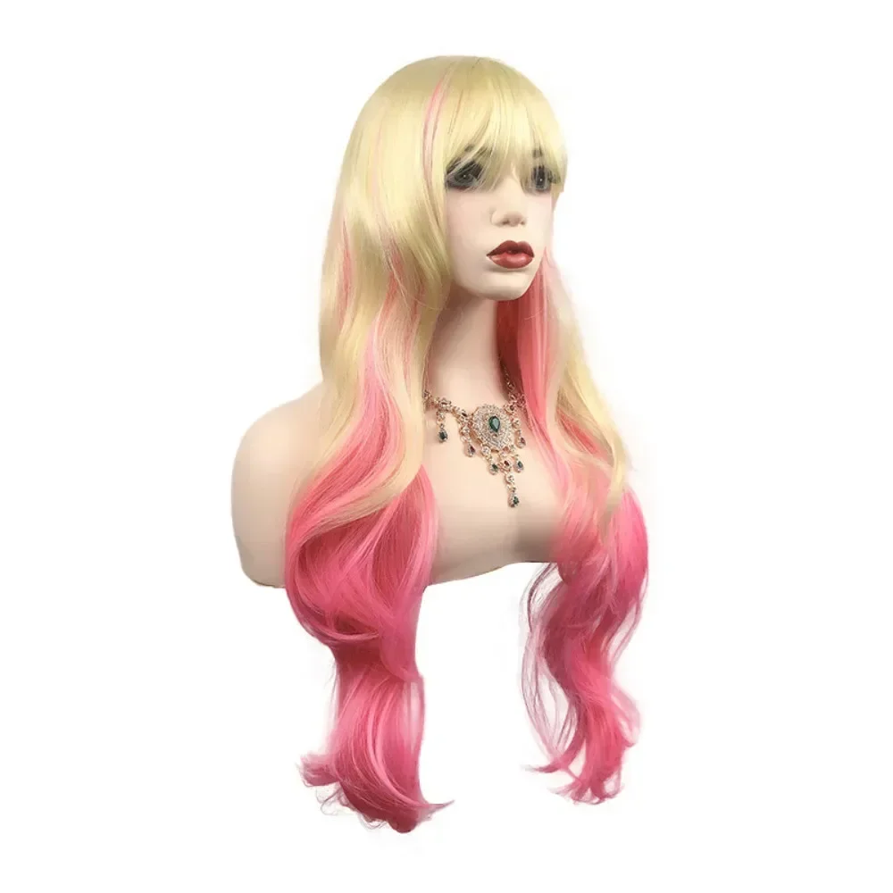 Synthetic Wigs  Fashion Gold Gradation Powder Long Curly Hair Big Wavy Wig Full Cover Headpiece