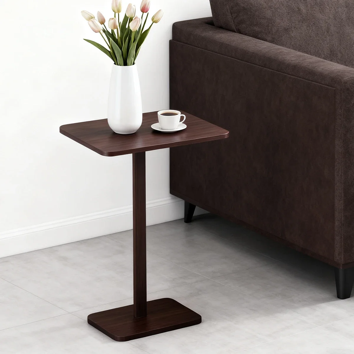 minimalist-c-shaped-end-table，lightweight-sofa-bed-tray，rustic-brown-for-small-living-room-tv-snack