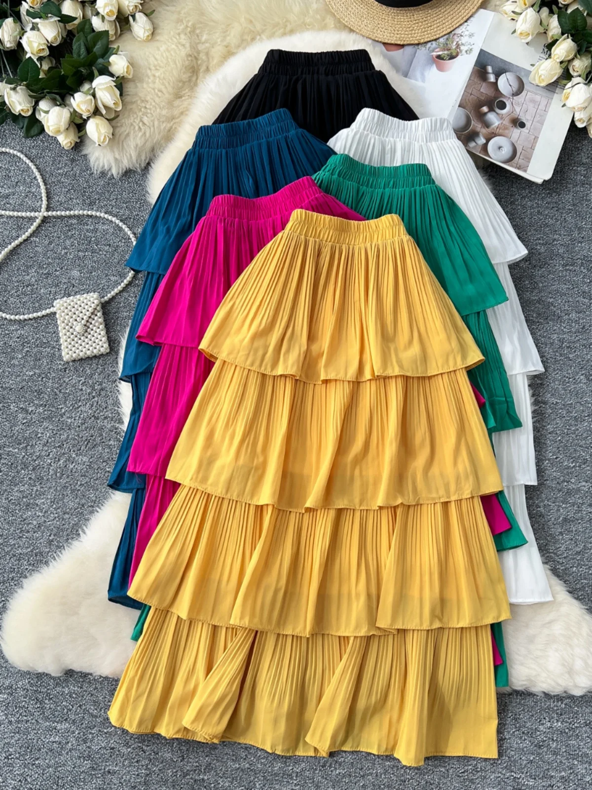 

Многослойная юбка-торт, женская темпераментная однотонная юбка-миди трапециевидной формы с высокой талией и оборками по краям, модная весна-осень 2025