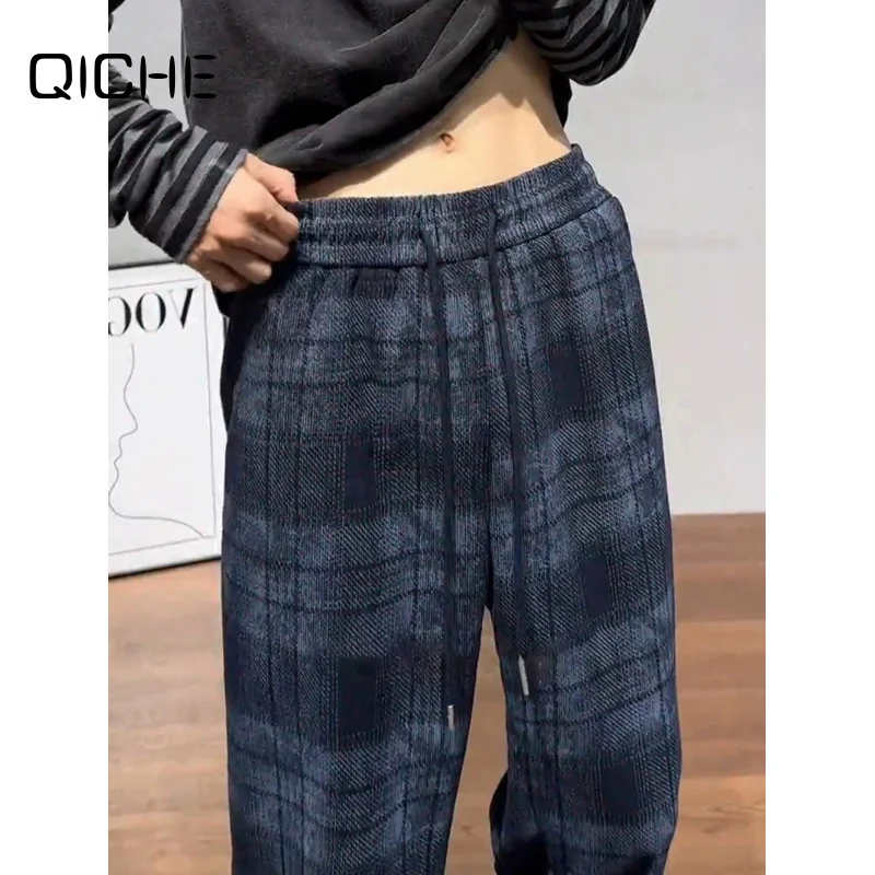 QICHE Men Clothing 2026 Autumn American Retro Tie Dye Dark Plaid Pants, Designer Straight Leg Lazy Drape Casual Trousers