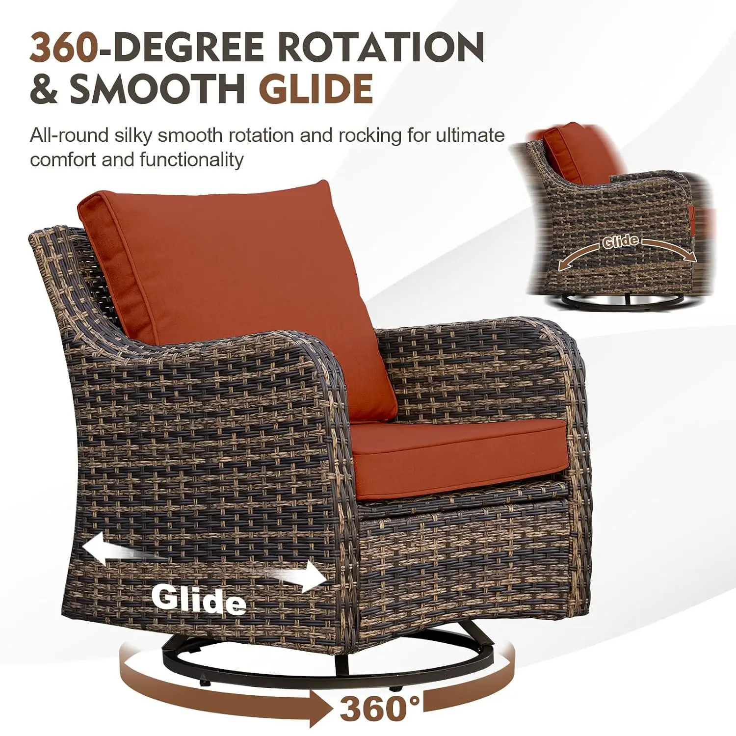 3-Piece Patio Swivel Rocker Chair Washable Cushion Glass Table Rattan Conversation Set Lawn Backyard Porch, Customized