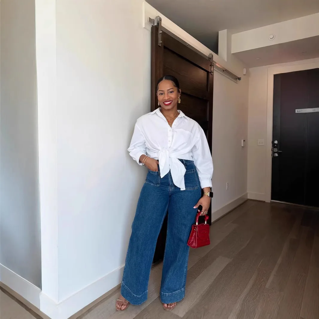 Rechte jeans dames vintage broek vloerlengte hoge taille broek meerdere zakken gewassen noodlijdende 2025, streetwear denims