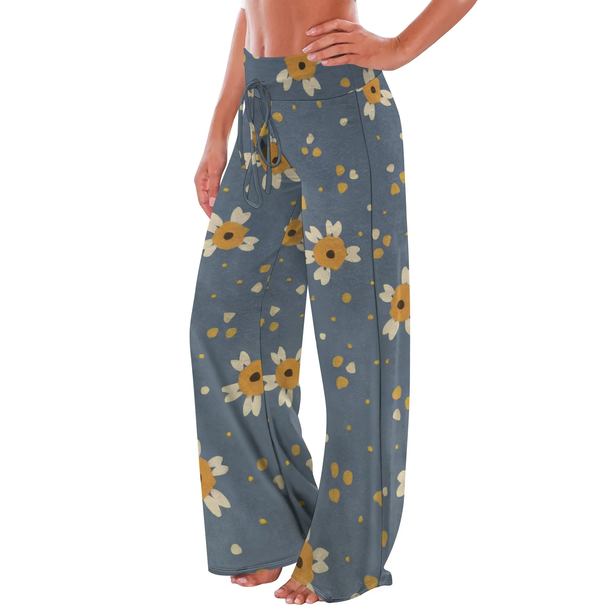 بنطال نسائي مريح قابل للتمدد وطبعة زهور برباط بالازو بأرجل واسعة